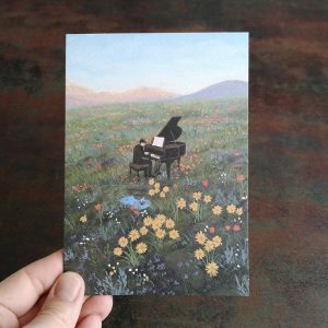 Piano in bloemenveld kaart